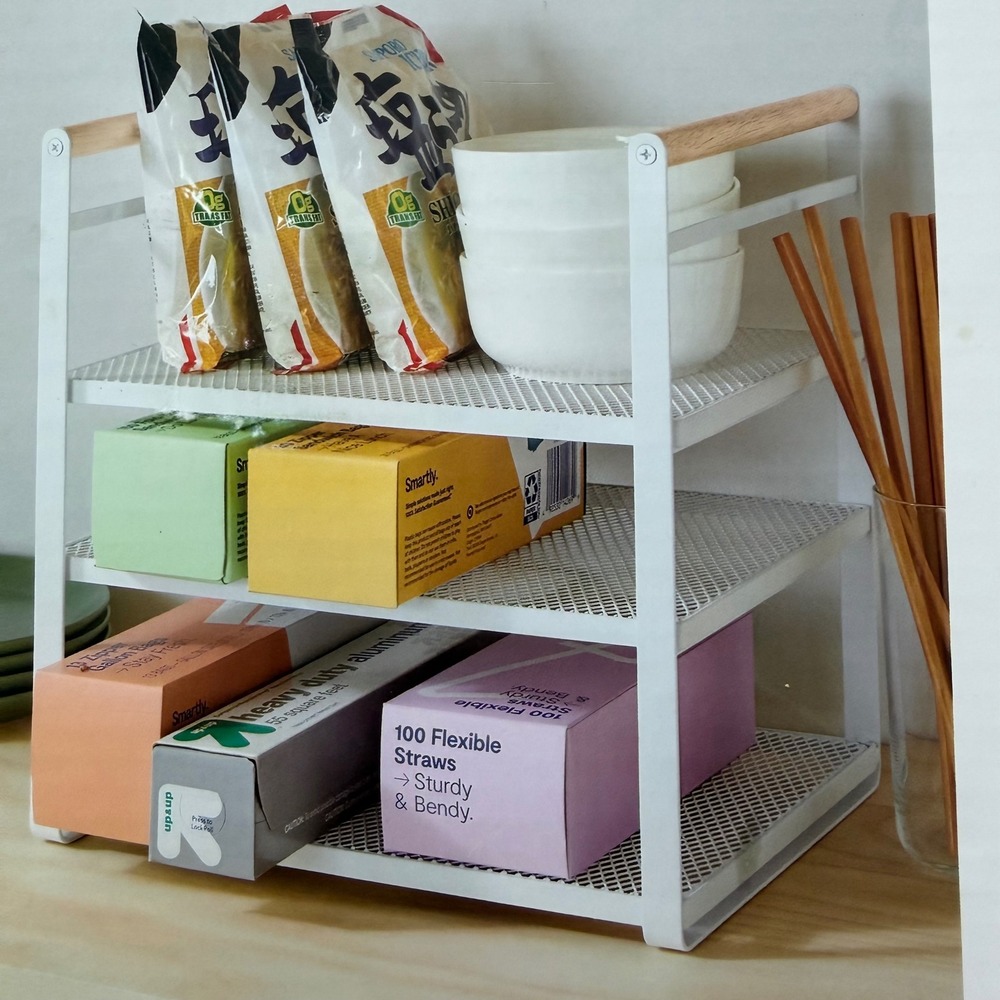 Brightroom Metal 3-Tier Box Organizer White Natural Wood Adjustable Kitchen Rack